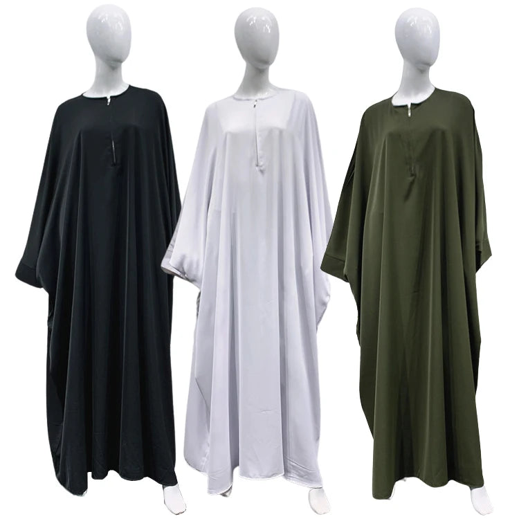 Muslim Women Batwing Abaya Dress Front Zip Kaftan Nida Islamic Maxi Dress Middle East Robe Dubai Turkey Jilbab Prayer Clothing