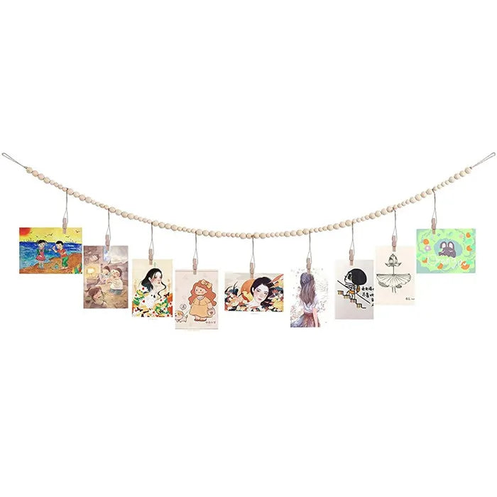 2025 Rustic Natural Wall Hanging Photo Display with Wooden Beads Garland Collage Picture Frame for Boho Wall Decoration W1348
