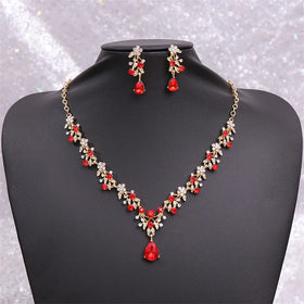 Hot Selling Multi-color Crystal Water Drop Necklace and Earrings Set Gold Plated for Bride Wedding Jewelry Accessories