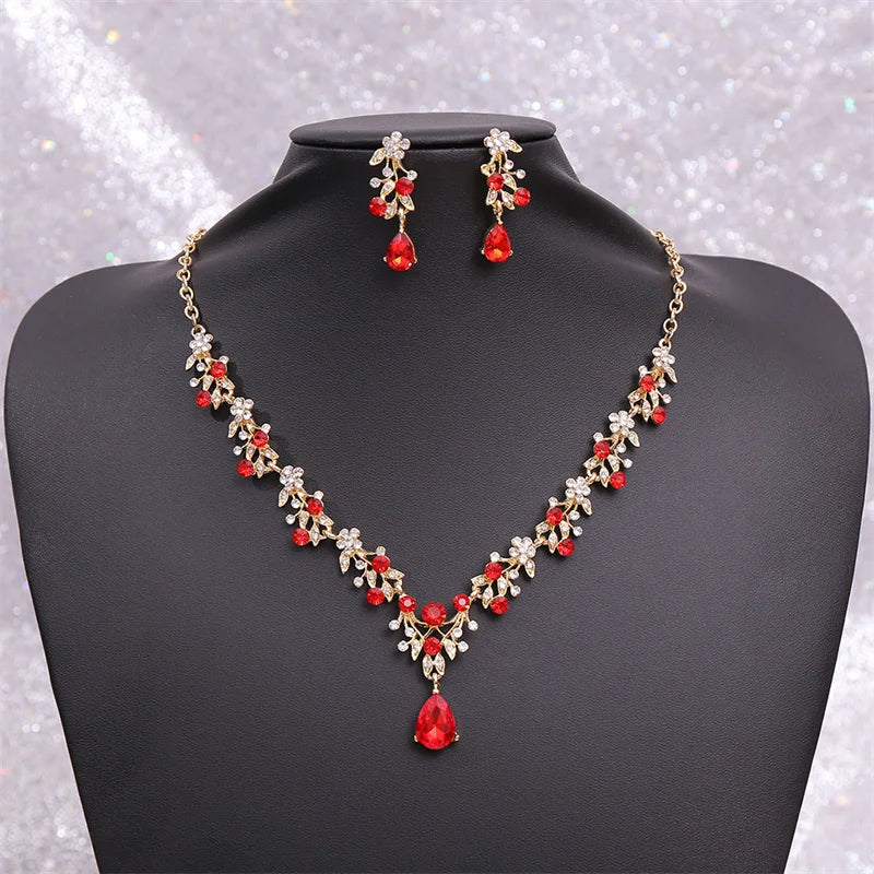 Hot Selling Multi-color Crystal Water Drop Necklace and Earrings Set Gold Plated for Bride Wedding Jewelry Accessories