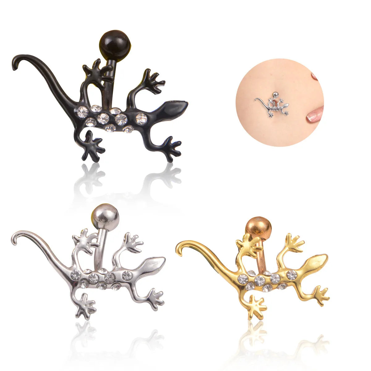 Hot Trendy Surgical Stainless Steel Belly Piercing Rings Charm Rhinestones Cute Gecko Belly Button Ring for Women