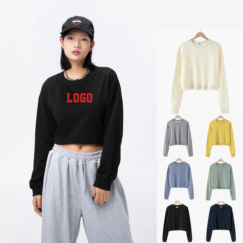 Women Cropped Hooded Fashion Casual Sweatshirts Custom Logo Ladies Embroidery Top Hoodies Girls