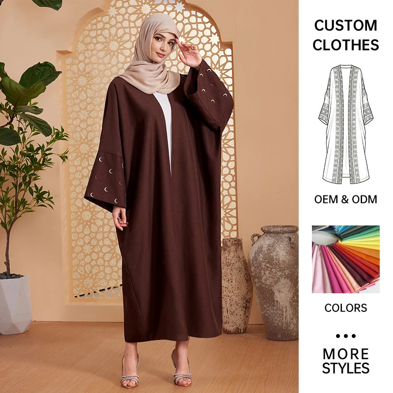 Habib EID Polyester Linen Abaya Solid Color Women Kimono Cardigan Abaya Femmes Robe Musulmane Moon Embroidery Open Abaya