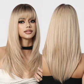 Immediate Delivery Blonde Layered Synthetic Wigs Long Straight Wig With Bangs Looking Ombre Hair for Women Daily Use Soft Wig