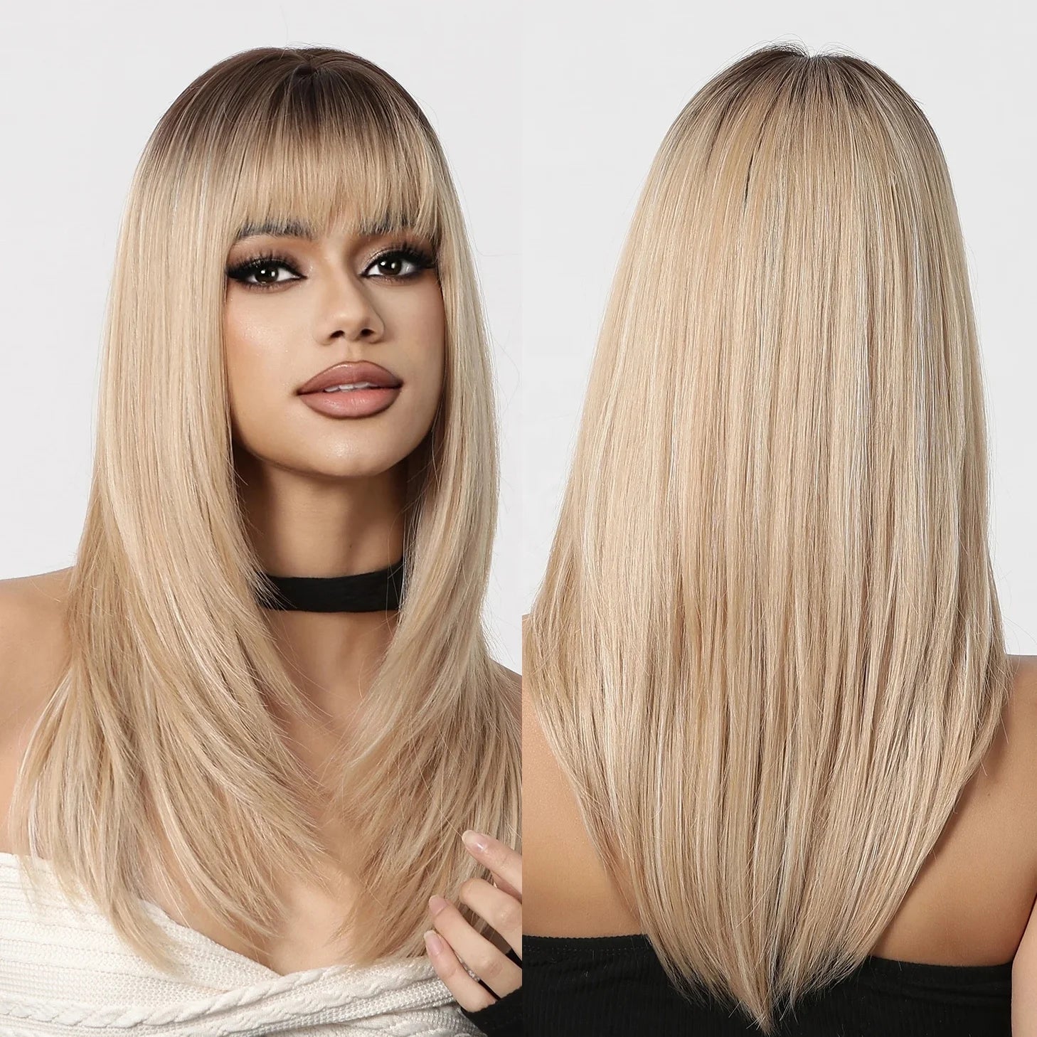 Immediate Delivery Blonde Layered Synthetic Wigs Long Straight Wig With Bangs Looking Ombre Hair for Women Daily Use Soft Wig