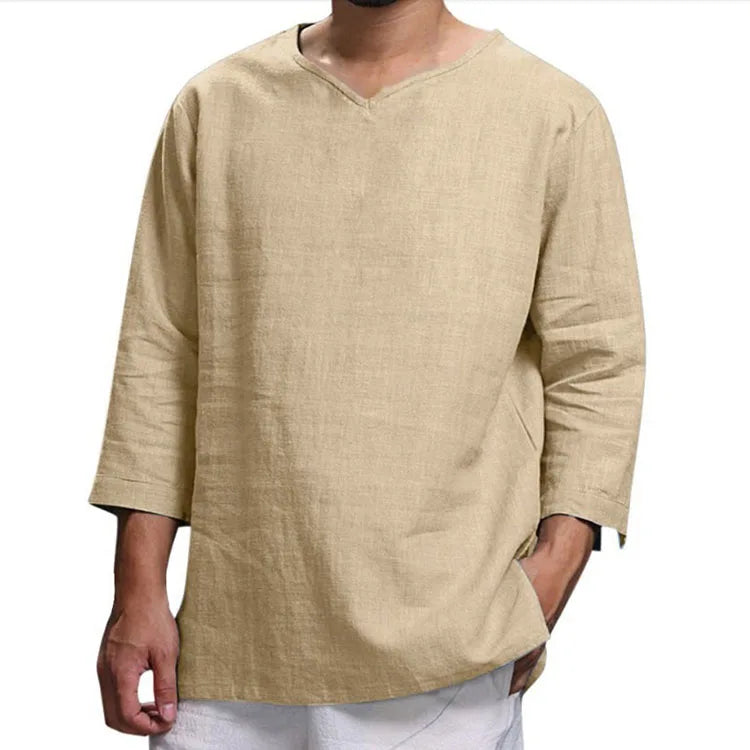 New Mens V Neck Cotton Linen Shirts Casual Male Breathable Solid Color Long Sleeve Streetwear Sports Fashion Linen Shirt Tops