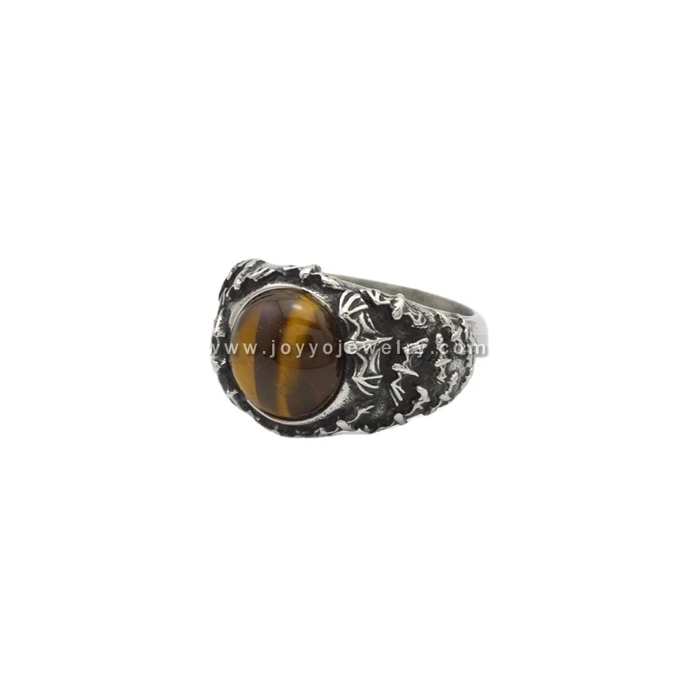 Cross Border Wholesale Stainless Steel Ancient Tiger Eye Ring Vintage Style Natural Black Agate Ottoman Ring Fashion Accessories