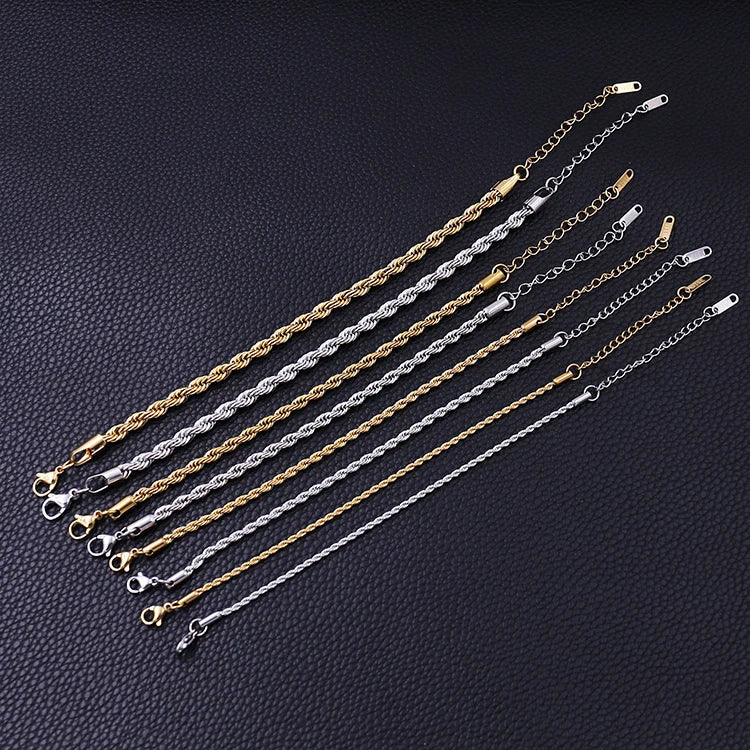 Wholesale Custom Bracelet Jewelry 2mm 3mm 4mm 5mm Stainless Steel 18k Gold Plated Rope Chain Bracelet Bulk Twisted Bracelet
