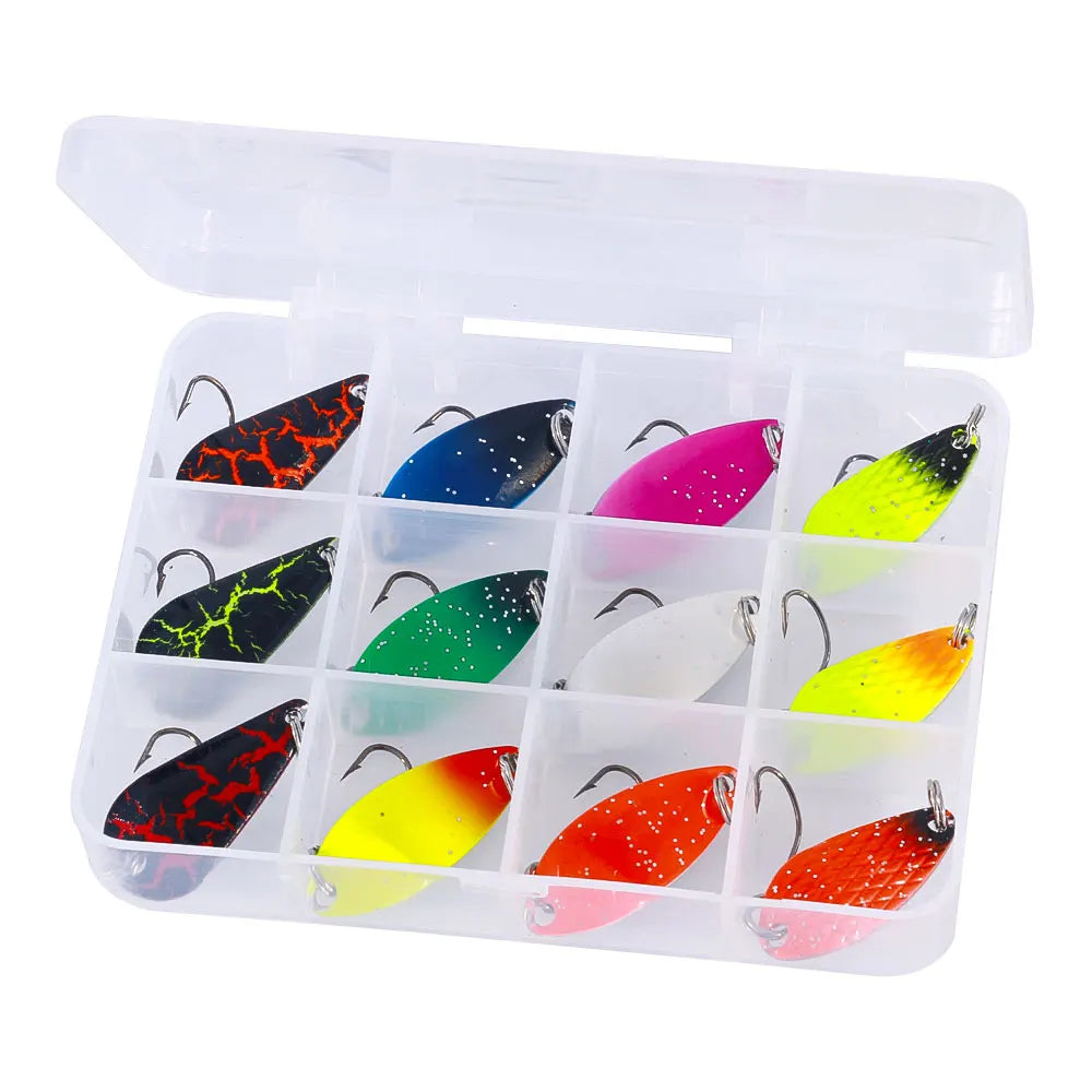 Wholesale Box028-A 3cm 3g 12pcs/box Metal Spinner Baits Kit Spoon Fishing Lures Combo Set