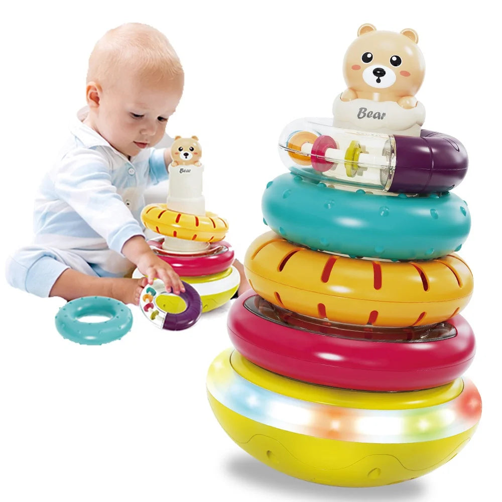 Montessori Learning Ferrule Circle Toy Dynamic Rotating rainbow Stack Ring Tower Game Interactive Sensory Baby Toys 2 4 Years