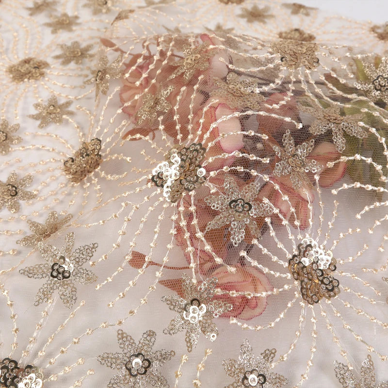 Luxury Gold Sequins Flower Jacquard Lightweight Polyester Tulle Lace Embroidery Fabric Wedding Sari Weft Knitted Techniques