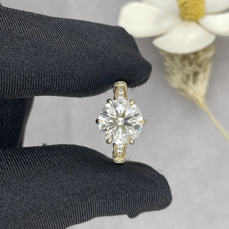 10k 14k Gold Fine Jewelry 2ct 8mm Moissanite and Lab Grown Gemstone Solid Gold Mrilgrain Engragement Ring MegaBDM