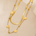 2pcs Wholesale Titanium 18k Real Gold Plated Herringbone Flat Shake Chain Necklace Double Layered Stainless Steel Heart Necklace