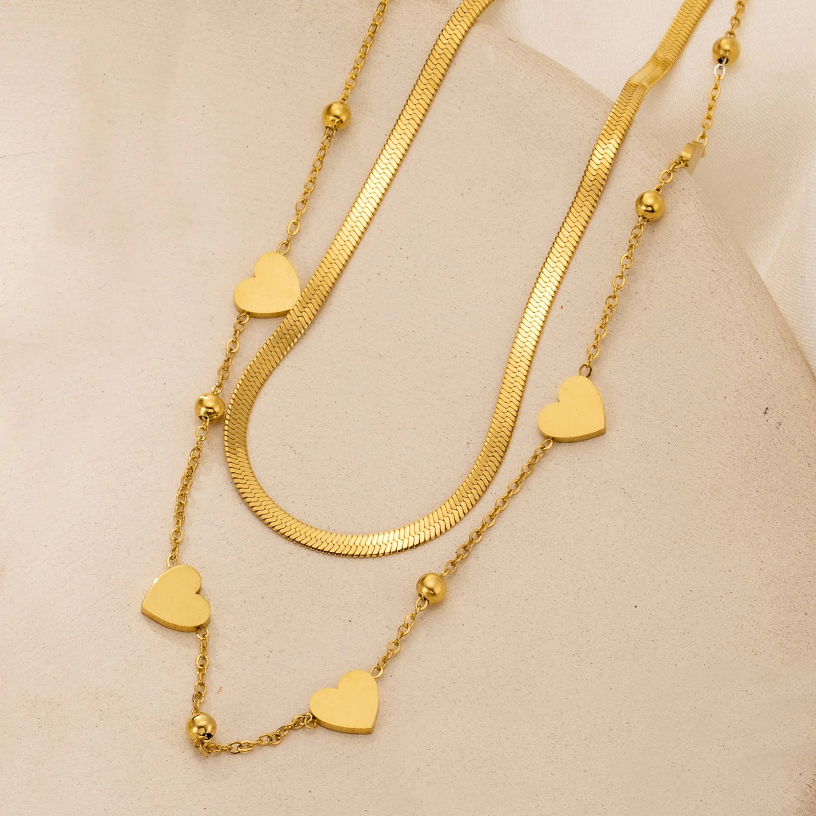 2pcs Wholesale Titanium 18k Real Gold Plated Herringbone Flat Shake Chain Necklace Double Layered Stainless Steel Heart Necklace