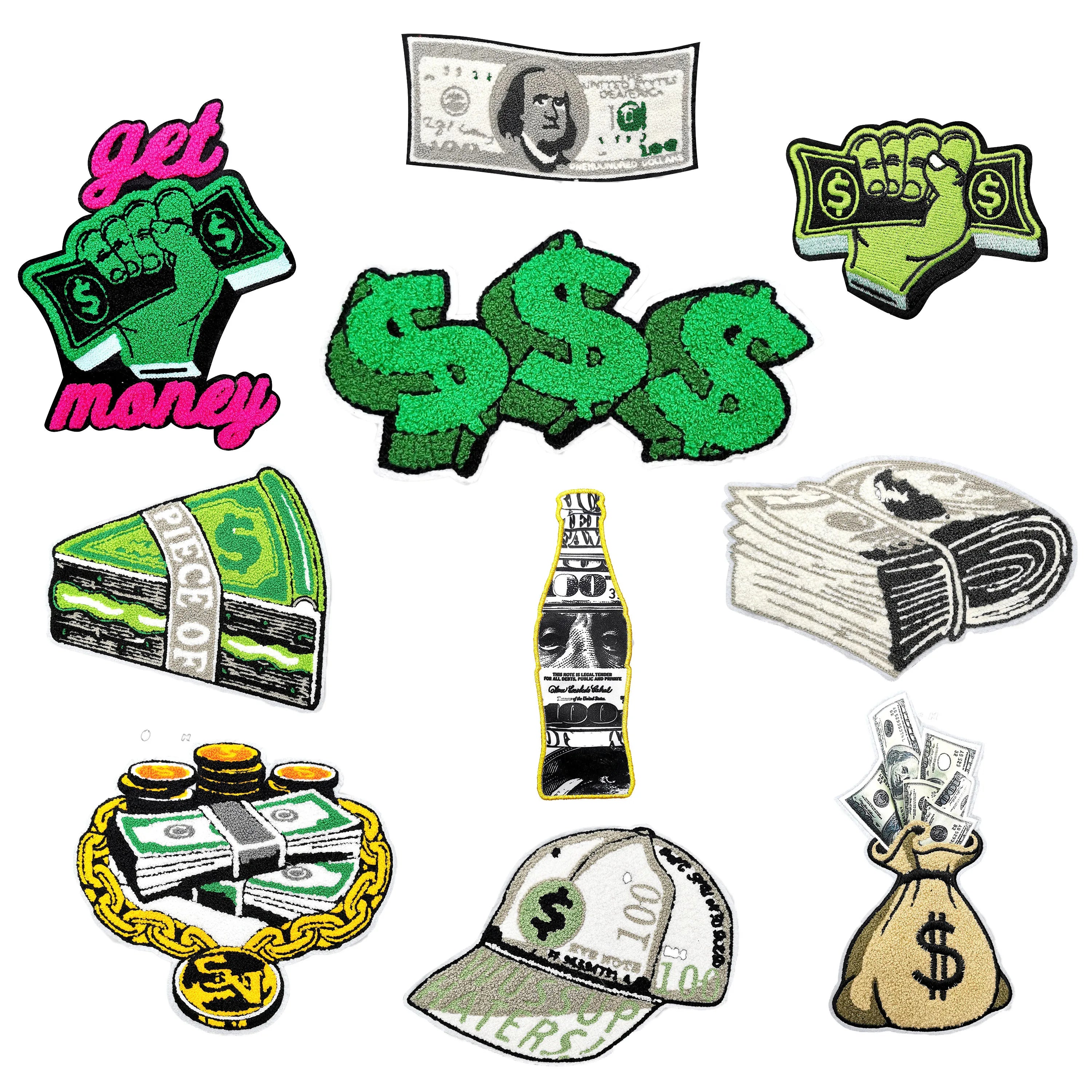 Custom Embroidered Iron on Big Size Dollars Subject Chenille Patches for Jeans Hoodies Jacket