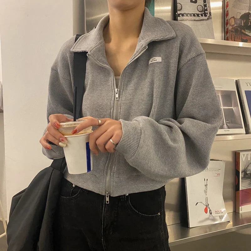 Cropped Jackets Women Zipper Chic Streetwear Solid Loose Hot Girls College Feminine Coats Harajuku Basic Ins Students