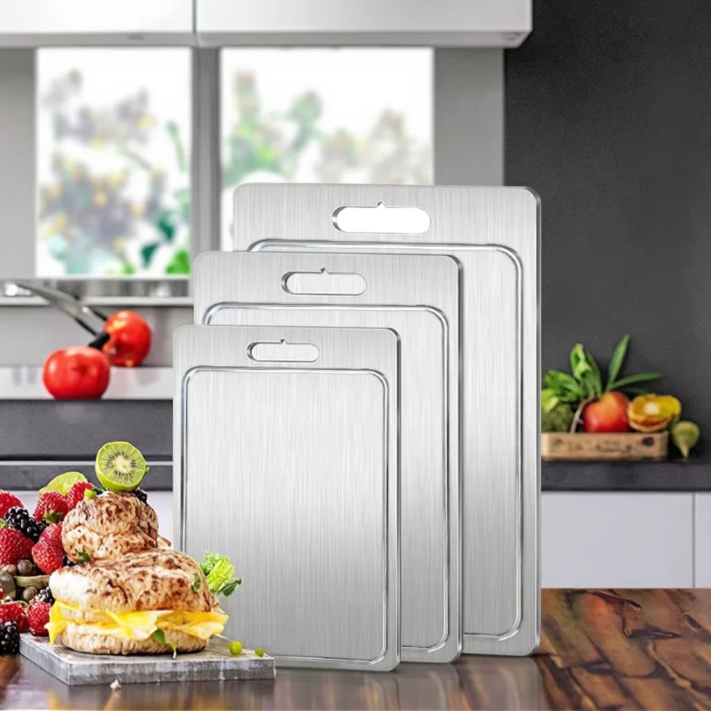 Customized Thick Stainless Steel Groove Cutting Board Cross-Border Resistant Chopping Factory Wholesale for Kitchen Use