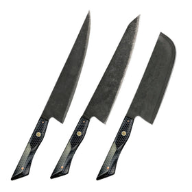 Yjamber Hot Selling 10CR15MOV 3 Layer Steel Kitchen Knife Set with Resin with Aluminum Mesh Handle