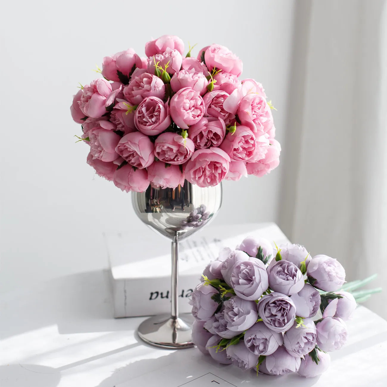 Artificial Peonies Bouquet with Metal Flower Vase Decoration for  Table Artificial Silk Peony Flowers Wedding Decorations