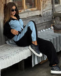 Good Selling Casual Long Sleeve Solid Color Zipper Coat Crop Top and Long Pants 2 Piece Set