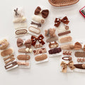 Kawaii Brown Bear Plush Hair Clip Set Korean Cute Bow & Knit Hair Barrettes for Girls Neutral Coffee Color Side Clips for Kids
