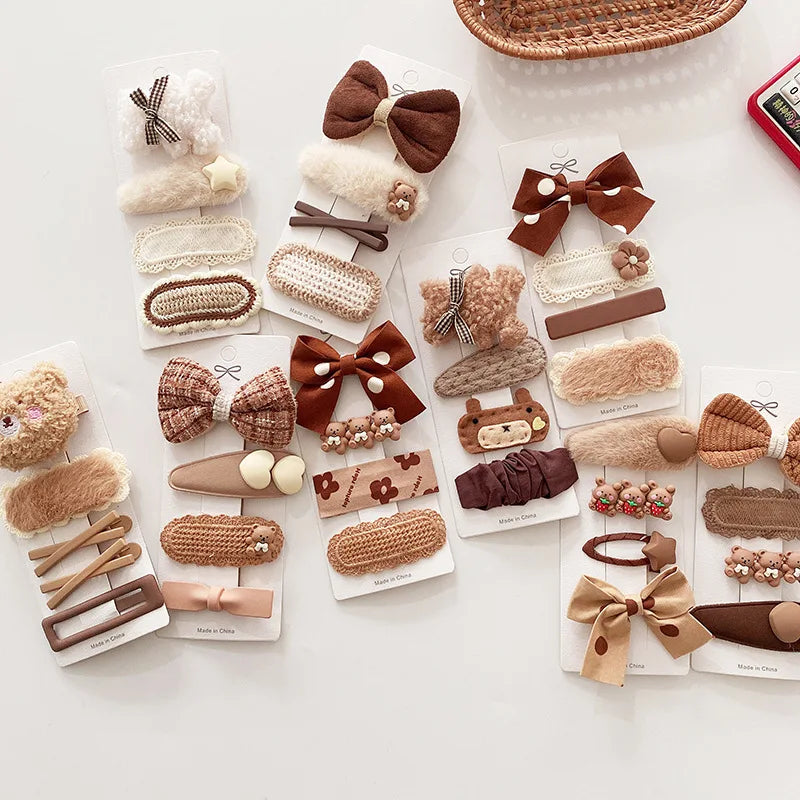 Kawaii Brown Bear Plush Hair Clip Set Korean Cute Bow & Knit Hair Barrettes for Girls Neutral Coffee Color Side Clips for Kids