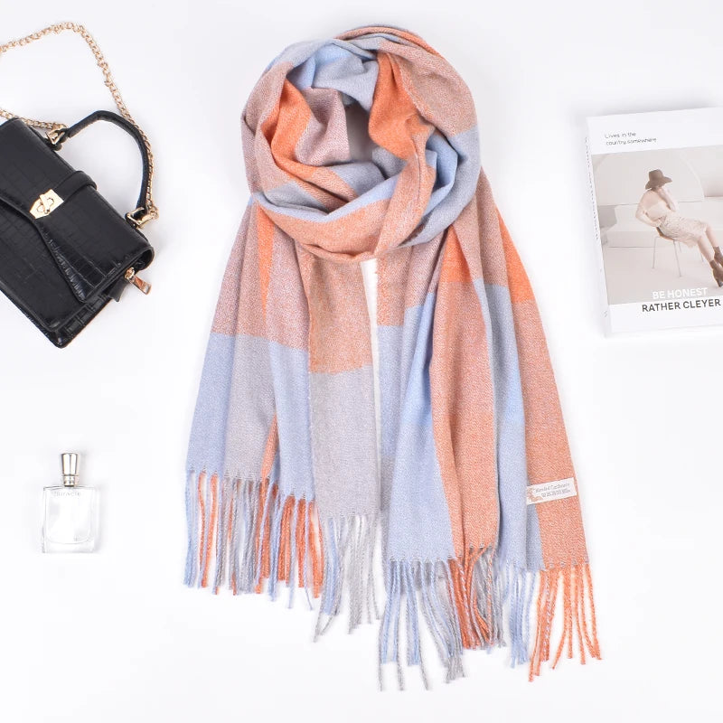 Women's Winter Thick Warm Scarf Shawl Fashion New Style Imitation Cashmere Plaid Tassel Polyester Material Multiple Options