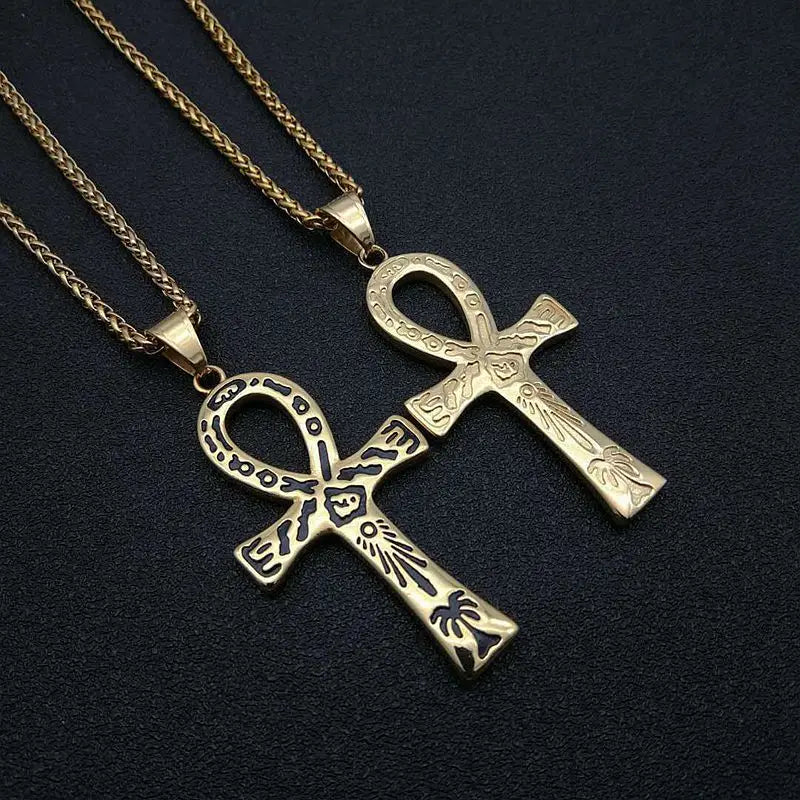 GT Ancient Egyptian Ankh Key Pendant Stainless Steel Necklace Hip Hop Jewelry Cross Hieroglyph Necklaces