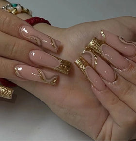 Temooi False Nails Press on Wholesale Gold Glitter Long Coffin 24Pcs ABS Finger Nails With Nail Glue