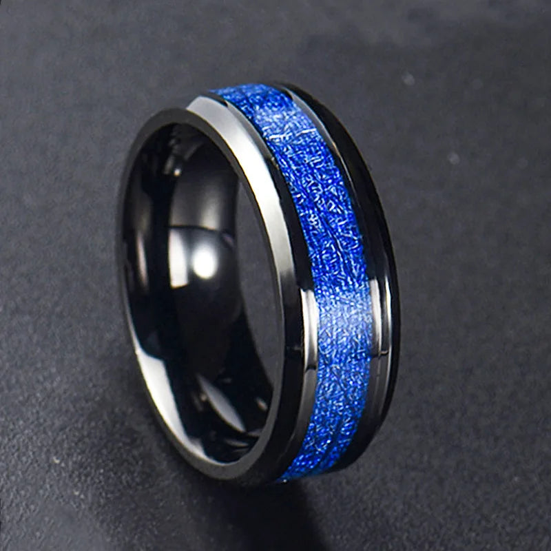 Poya Comfort Fit Wedding Band 8mm Blue Imitated Meteorite Inlay Black Tungsten Carbide Ring for Men