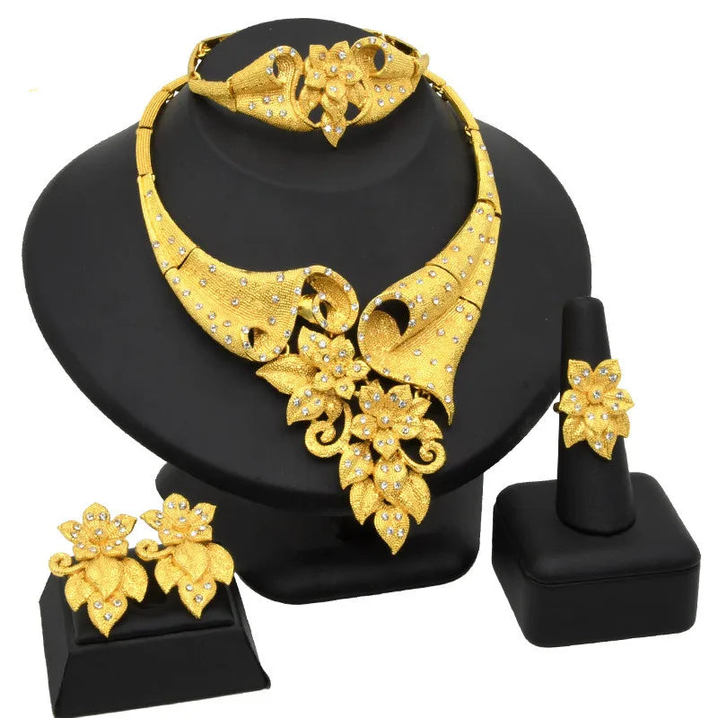 24k Gold Plated Jewelry Sets Wedding Bridal Indian Necklace Bracelet Earrings Ring African Women Fashion Gift Hand Jewelry