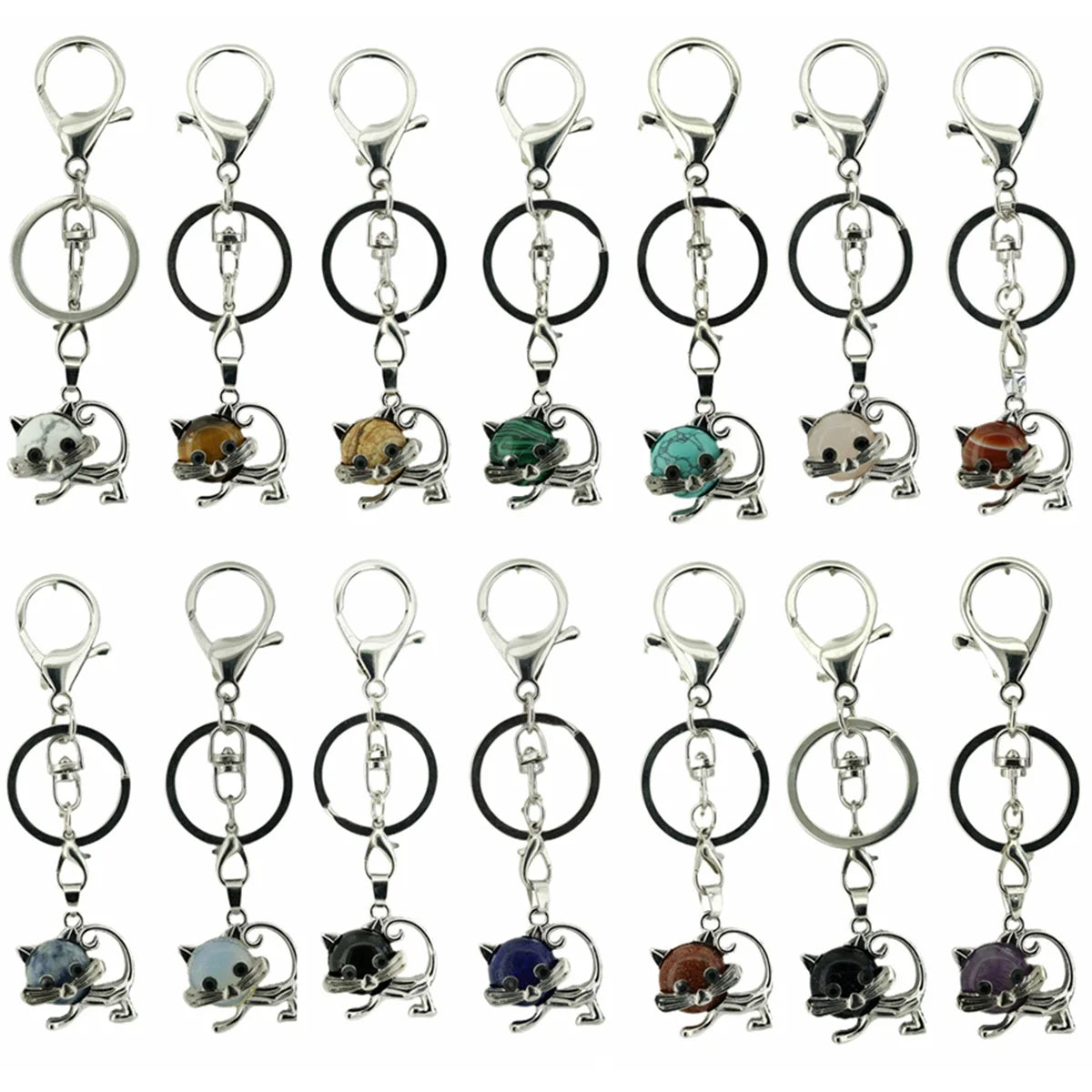Factory Direct Sale Stainless Steel Cat Keychain Multiple Natural Crystal Gemstone Cute Cat Pendant Keychain With Metal Chain