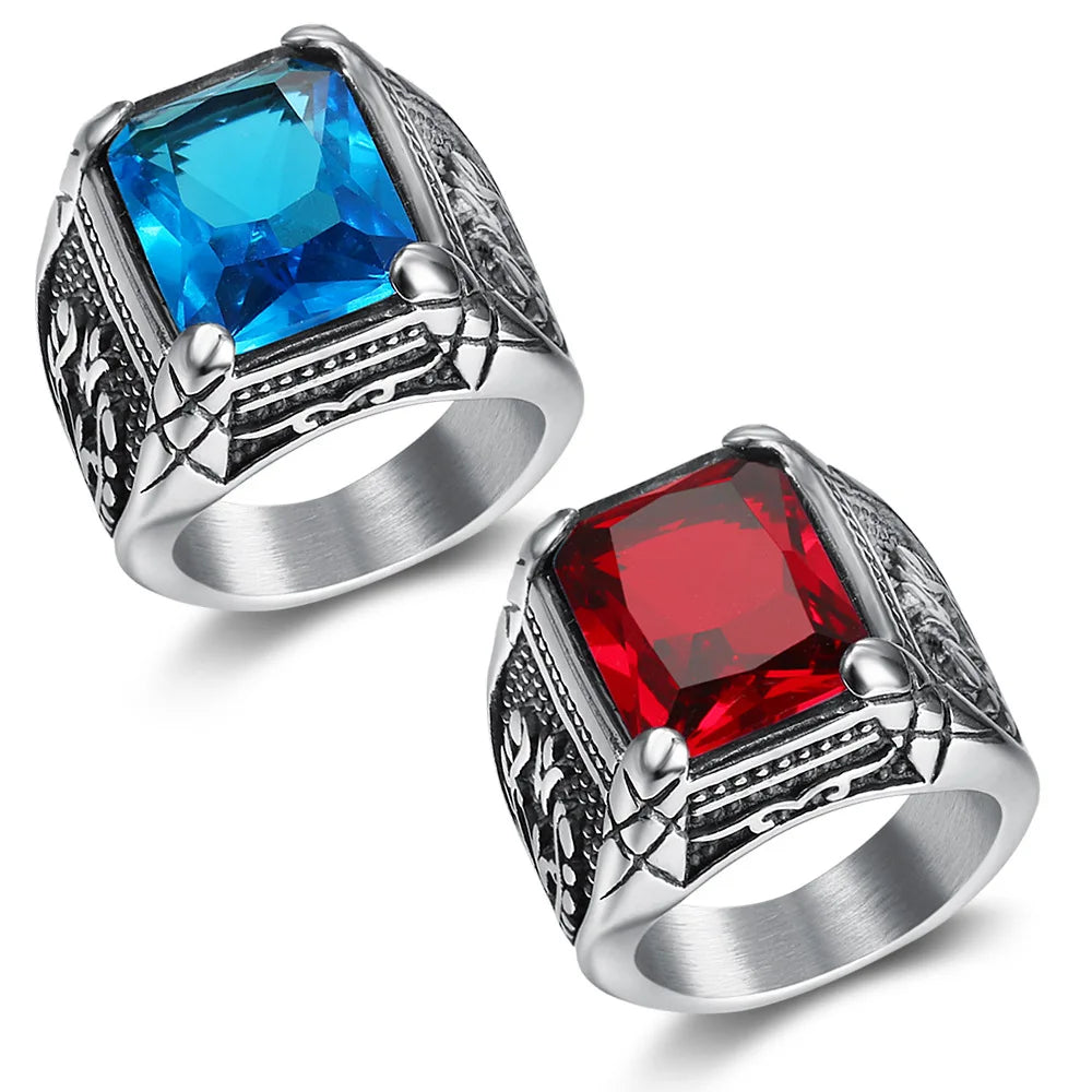 ODM Anillos Con Aguamarina Vintage Inlaid Red Sapphire Titanium Steel Men's Ring Tulip Gemstone Ring