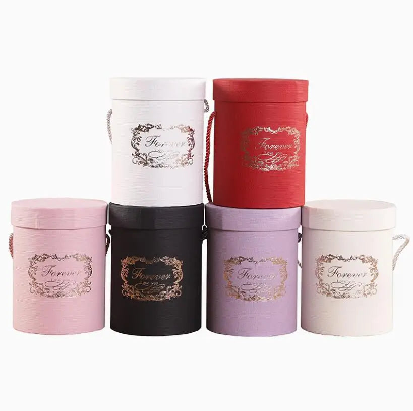 Luxury Custom Printing Flower Box Round Cardboard Gift Box Packaging With Ribbon Handle