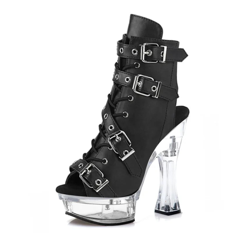 14cm Transparent Thick Heel Platform High Heel Short Boots Steel Pipe Dance Shoes Club Fashion Leaky Toe Large Women's Boots
