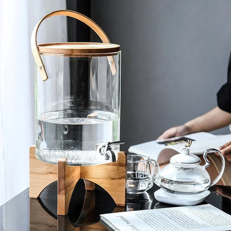 Hot Selling Glass Beverage Dispenser with Wooden Stand & Handle Large Capacity Dispenser with Tap for Home Brewing