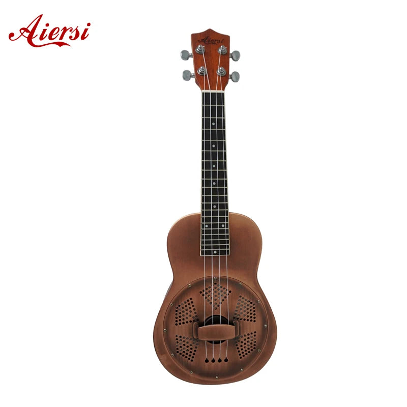 Aiersi Brand 24 Inch Red Rust Concert Resonator Ukulele Custom Logo Brass Metal Body Hawaii Guitar 4 String Musical Instrument