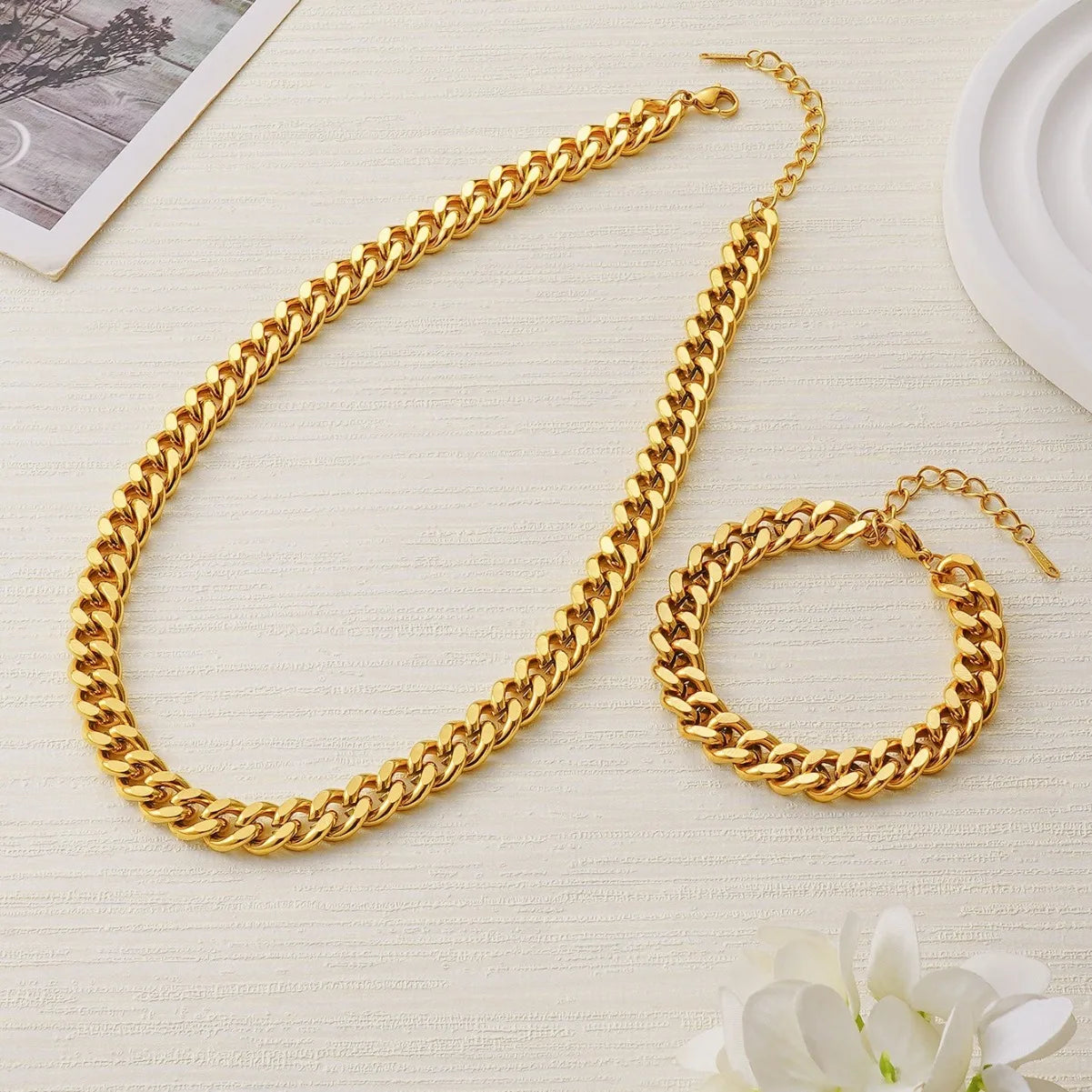 Wholesale Stainless Steel Jewelry Cuban Bracelet Necklace Set Electroplated Gold Plated Necklace Bracelet