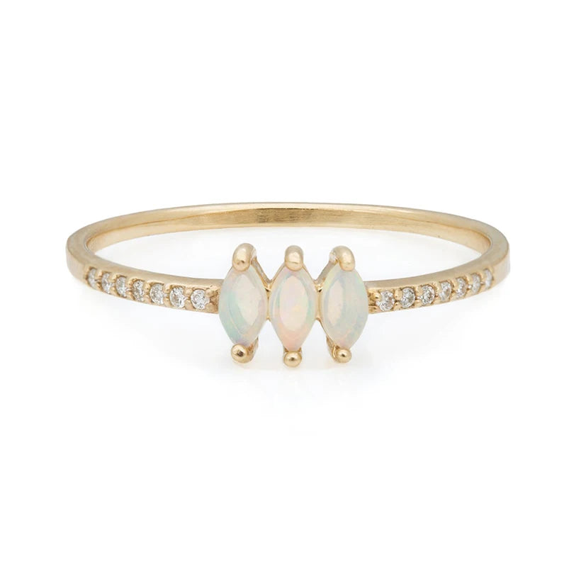 Delicate High Quality 925 Silver 18k Gold Vermeil 0.1 Microns Cut Opal Marquise Diamond Ring