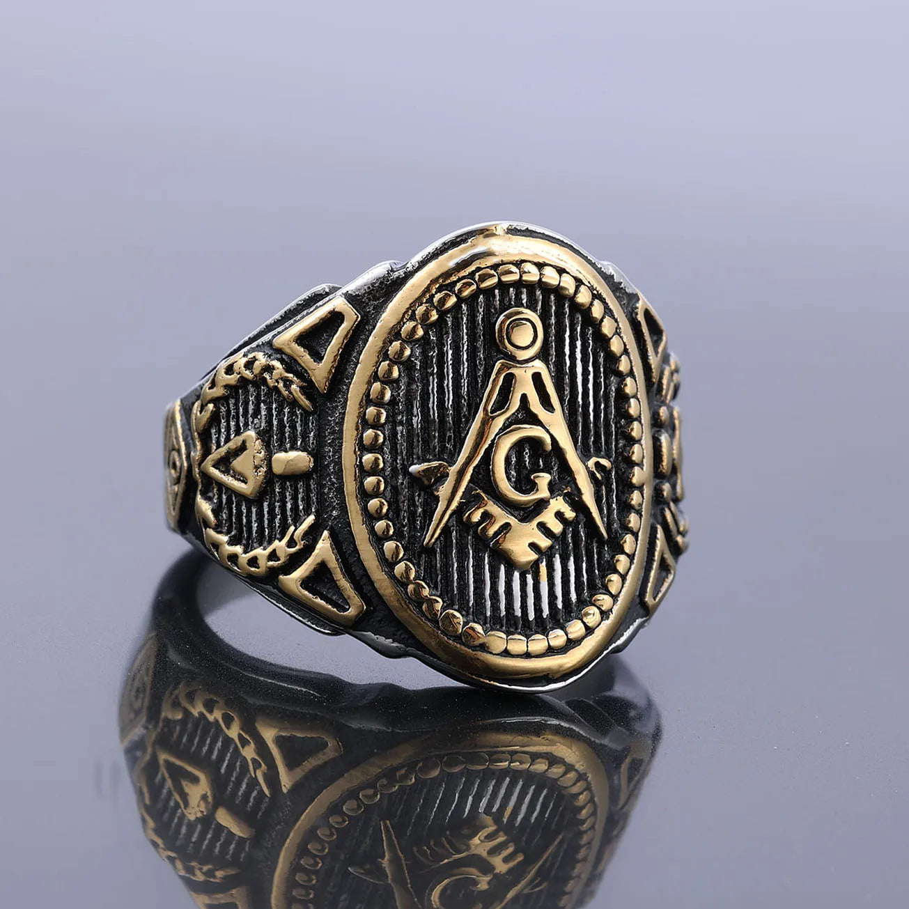 Vintage Stainless Steel Silver Gold Freemason Masonic Arrow Symbol Rings for Members Size 7-15