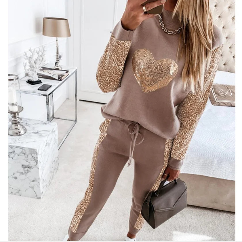 Sequins Tracksuit 2 Piece Set Spring Autumn Pullover Suit for Women Matching Sets Long Sleeve Top & Drawstring Waist Pants Set