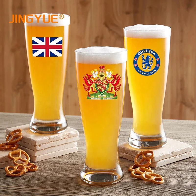 JINGYUE Wholesale Custom Logo Printed 480ml Clear Craft Beer Stein Pilsner Pint Glasses LFGB Certified Stock for Bar Pub