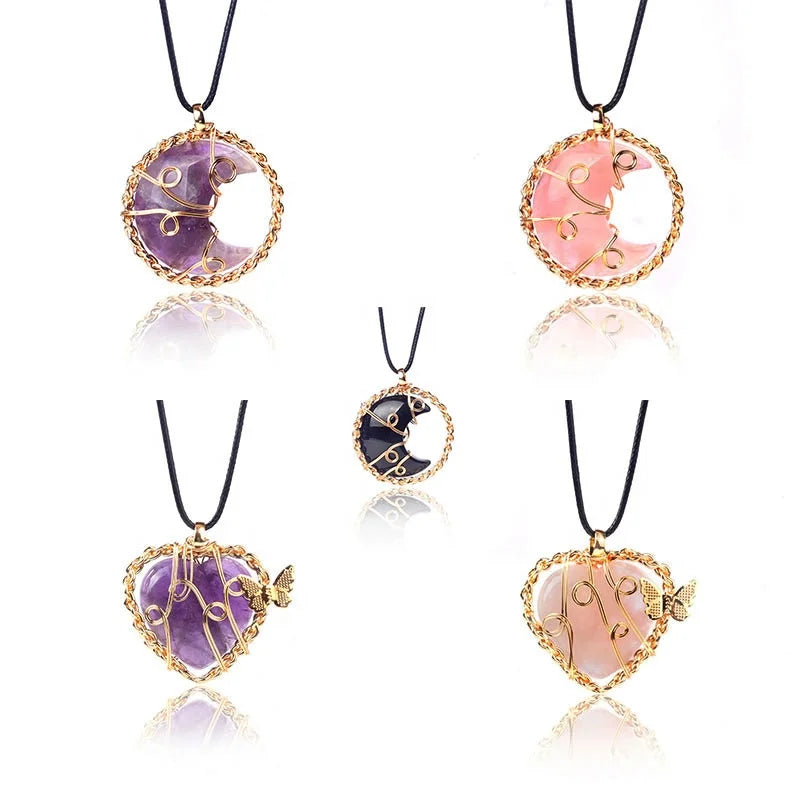 Natural Crystal Stone Heart Wound Metal butterfly Moon Pendant for Women DIY Valentine's Gift Gemstone Pendant Necklace Jewelry