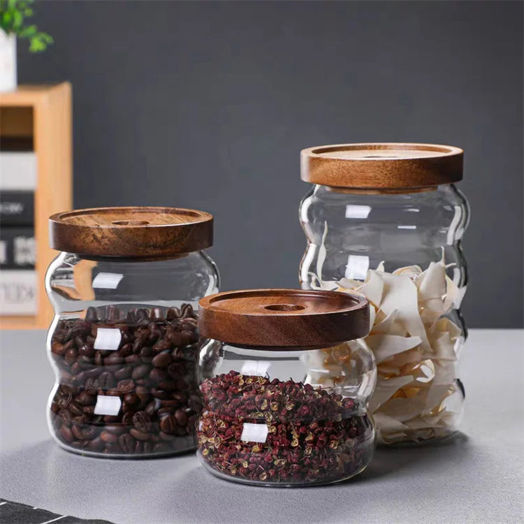 Home and Kitchen Accessories BPA Free Handmade Vertical Stripe Clear High Borosilicate Glass Storage Jar Bottle With Acacia Lid