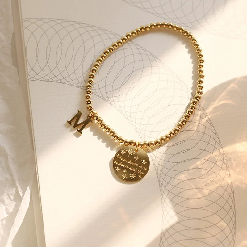 M Letter Women's Stainless Steel Bead Non Tarnish Jewelry 18k Gold Plated Stretch Star Coin Charm Bracelets for Mom