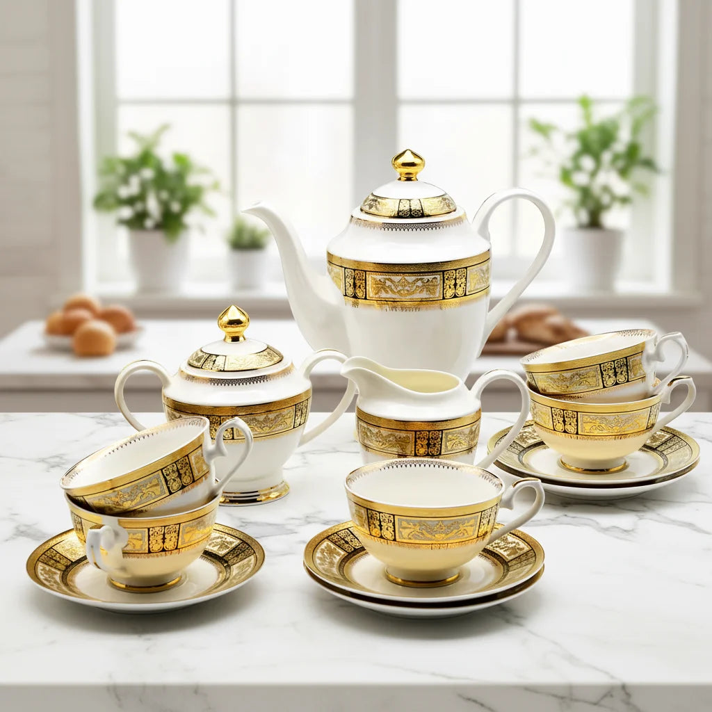 17PCS European Style Luxury Vintage Embossed Eco-Friendly Ceramic Home Drinkware Tea Cups and Saucers Coffee Sets