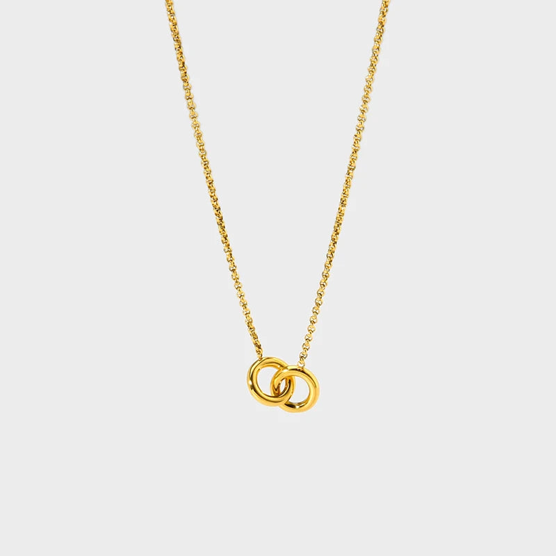 INS Trendy 18K Gold Plated Stainless Steel Interlocking Plain Round Ring Pendant Necklace Women Collar Lovers Gift