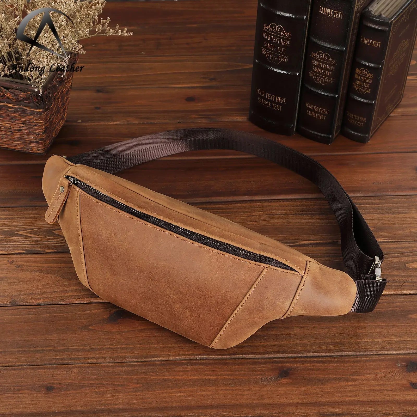 Andong Crazy Horse Leather Shoulder Bag Chest Bags for Men Genuine Cow Leather Wait Pack Phone Pocket Retro