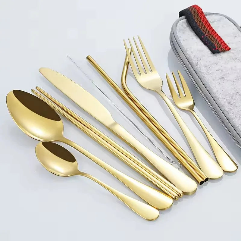 304 Portable Travel Cutlery Set Knife Fork Spoon Straws Flatware Set Stainless Steel Cutlery Set with Bag