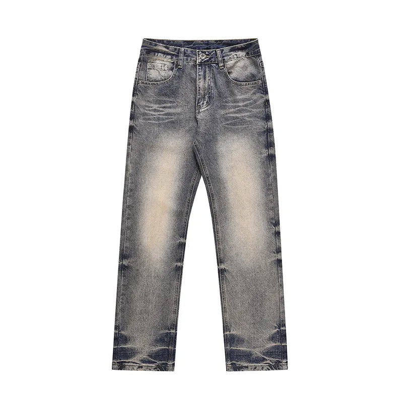 RNSHANGER High Street Washed Distressed Blue Denim Pants Trendy Brand Casual Streetwear Straight-leg Jeans for Men